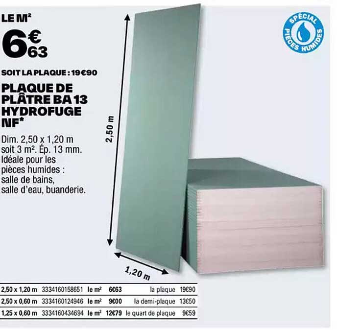 PLAQUE DE PLÂTRE BA 13 HYDROFUGE NF*
