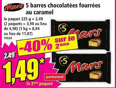 5 barres chocolatées fourrées au caramel