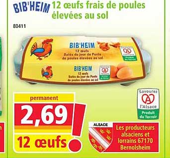 BIB'HEIM 12 œufs frais de poules élevées au sol