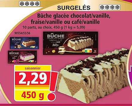 Bûche glacée chocolat/vanille, fraise/vanille ou café/vanille