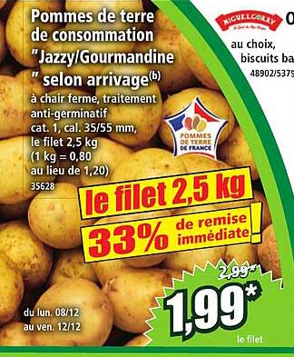 Pommes de terre de consommation "Jazzy/Gourmandine" selon arrivage