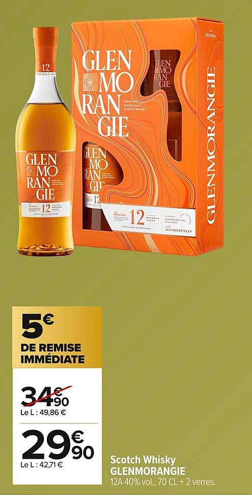 Scotch Whisky GLENMORANGIE 12A 40% vol., 70 CL + 2 verres