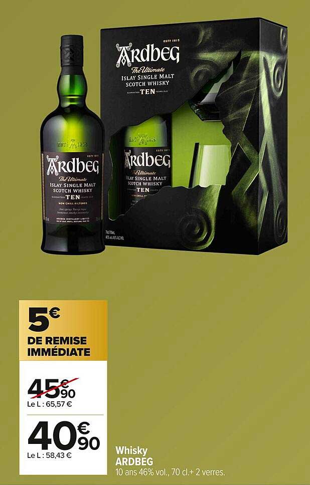 Whisky ARDBEG 10 ans 46% vol., 70 cl + 2 verres