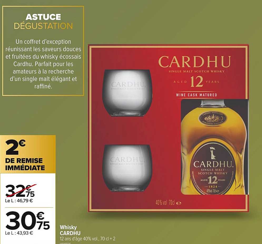 Whisky CARDHU 12 ans d'âge 40% vol, 70 cl + 2 verres