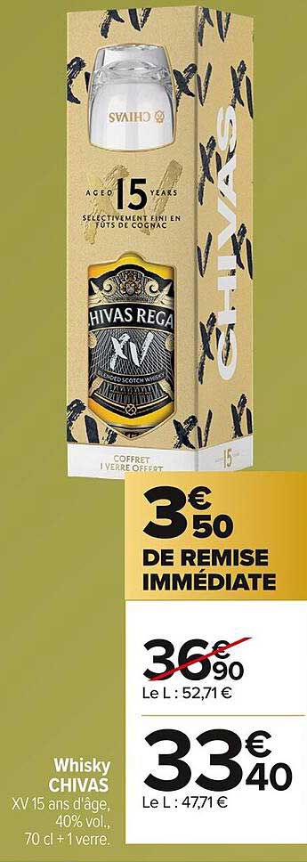 Whisky CHIVAS XV 15 ans d'âge, 40% vol., 70 cl + 1 verre.