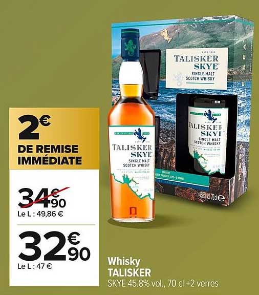 Whisky TALISKER SKYE 45.8% vol, 70 cl + 2 verres