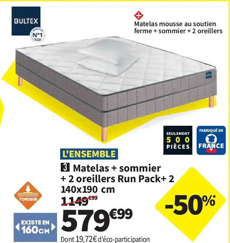 L'ENSEMBLE 3 Matelas + sommier + 2 oreillers Run Pack+ 2 140x190 cm
