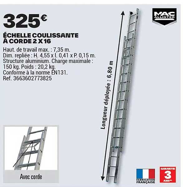 ÉCHELLE COULISSANTE À CORDE 2 X 16