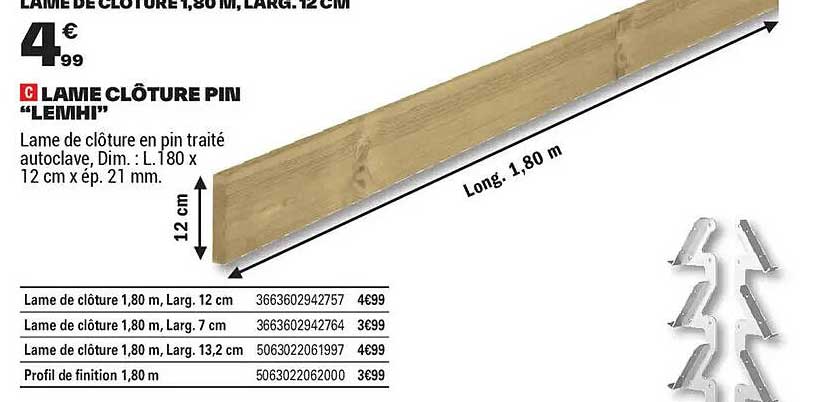 LAME DE CLÔTURE 1,80 M, LARG. 12 CM
