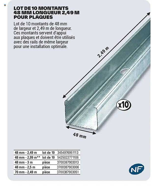 LOT DE 10 MONTANTS 48 MM LONGUEUR 2,49 M POUR PLAQUES