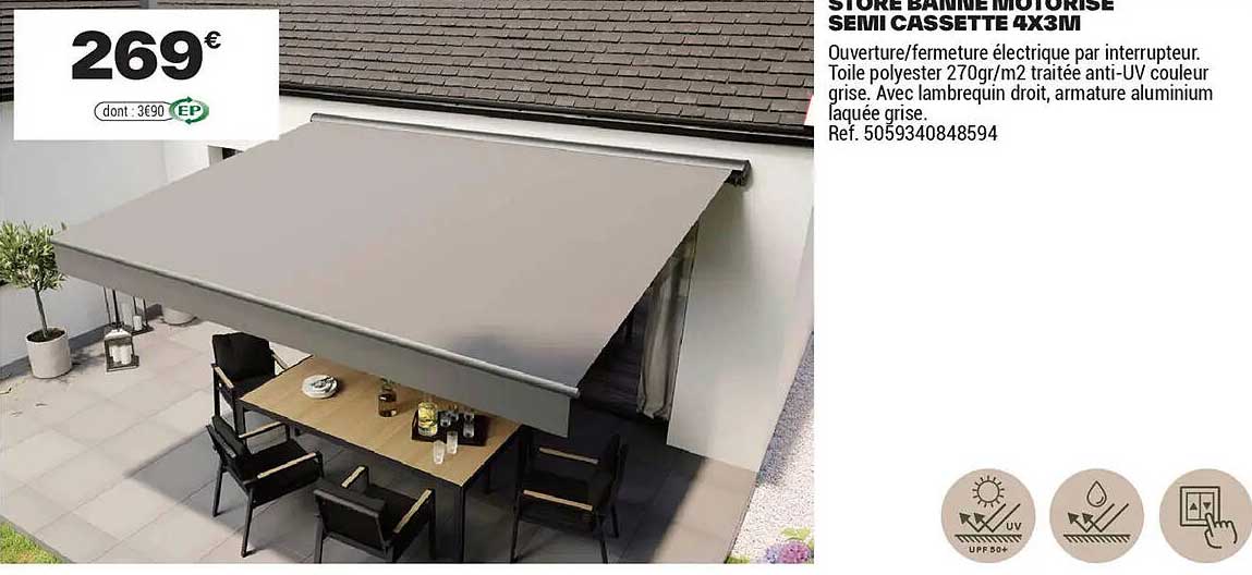 STORE BANNE MOTORISE SEMI CASSETTE 4X3M