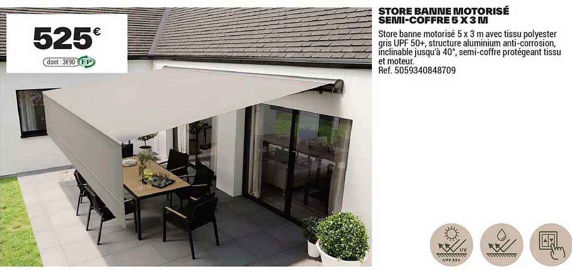 STORE BANNE MOTORISÉ SEMI-COFFRE 5 X 3 M