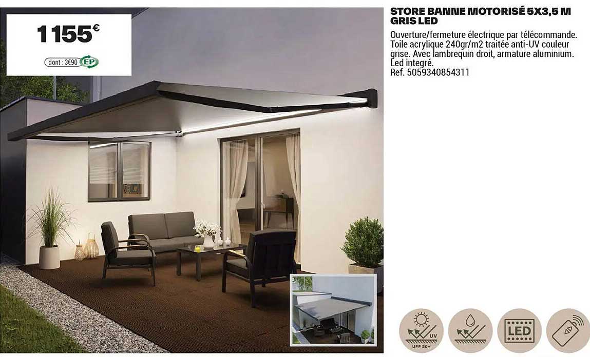 STORE BANNE MOTORISED 5X3,5 M GRIS LED