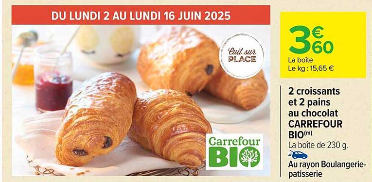 2 croissants et 2 pains au chocolat CARREFOUR BIO