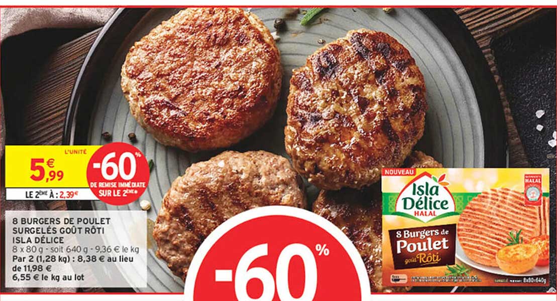 8 Burgers de Poulet Surgelés Goût Rôti Isla Délice