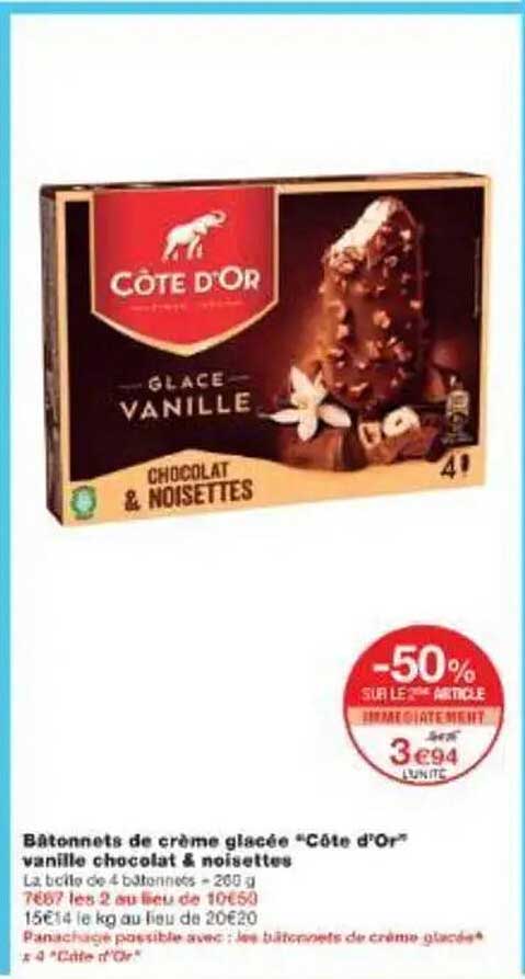 Bâtonnets de crème glacée “Côte d’Or” vanille chocolat & noisettes
