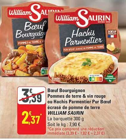 Boeuf Bourguignon Pommes de terre & vin rouge ou Hachis Parmentier Pur Bœuf écrasé de pomme de terre