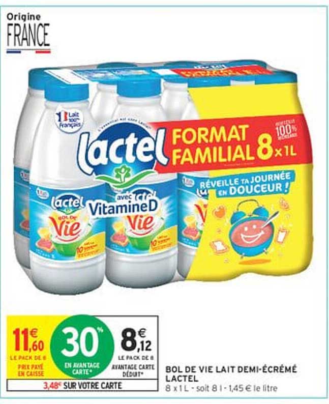 Bol de Vie Lait Demi-Écrémé Lactel 8 x 1L