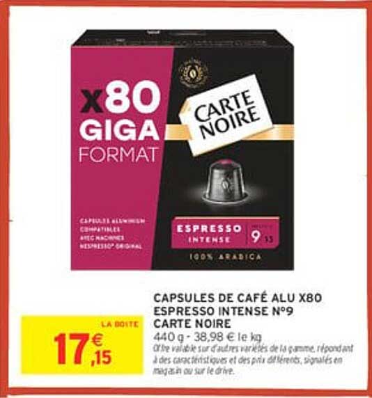 CAPSULES DE CAFÉ ALU X80 ESPRESSO INTENSE N°9 CARTE NOIRE
