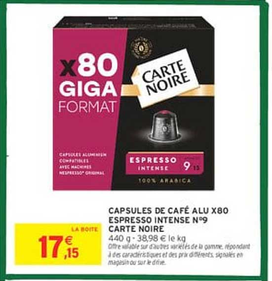 CAPSULES DE CAFÉ ALU X80 ESPRESSO INTENSE N°9 CARTE NOIRE