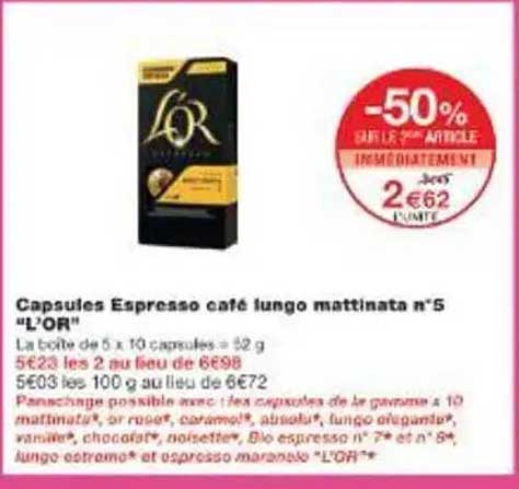 Capsules Espresso café lungo mattinata n°5 "L'OR"
