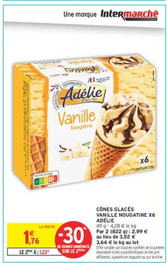 CÔNES GLACÉS VANILLE NOUGATINE X6 ADÉLIE