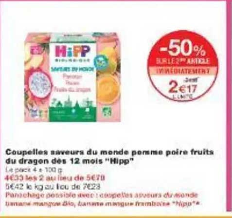 Couplettes saveurs du monde pomme poire fruits du dragon dès 12 mois "Hipp"