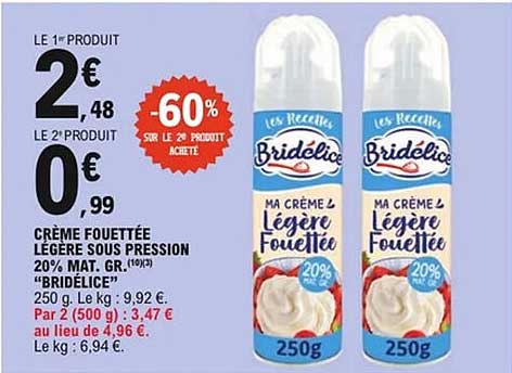 Crème Fouettée Légère Sous Pression 20% Mat. Gr. "Bridélice"