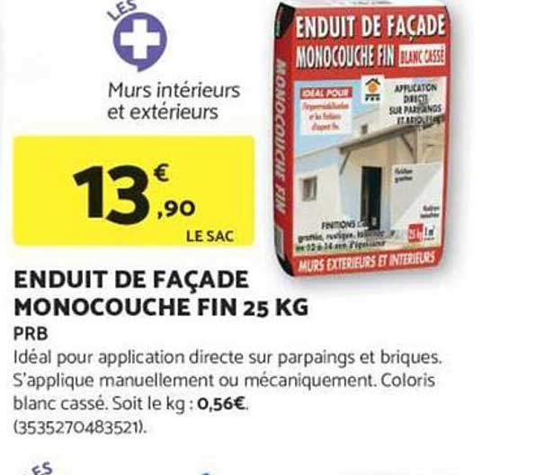 ENDUIT DE FAÇADE MONOCOUCHE FIN 25 KG