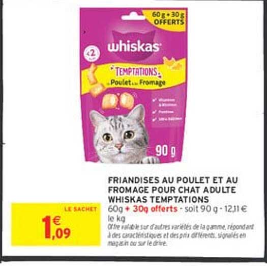 FRIANDISES AU POULET ET AU FROMAGE POUR CHAT ADULTE WHISKAS TEMPTATIONS