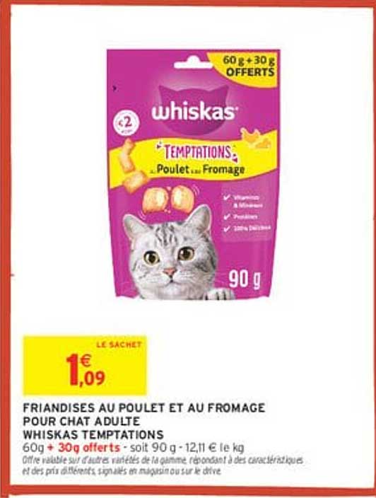 FRIANDISES AU POULET ET AU FROMAGE POUR CHAT ADULTE WHISKAS TEMPTATIONS