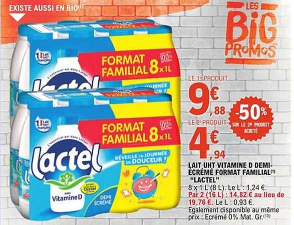 Lait UHT Vitamine D Demi Écrémé Format Familial "Lactel"