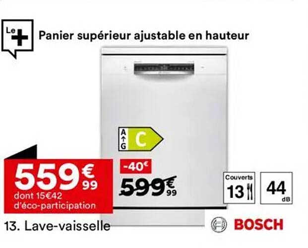 Lave-vaisselle Bosch avec Panier supérieur ajustable en hauteur