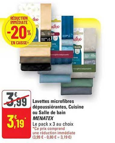 Lavettes microfibres dépoussiérantes, Cuisine ou Salle de bain MENATEX