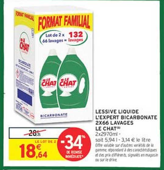 LESSIVE LIQUIDE L'EXPERT BICARBONATE 2X66 LAVAGES