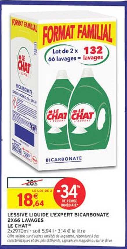 LESSIVE LIQUIDE L'EXPERT BICARBONATE 2x66 LAVAGES LE CHAT™