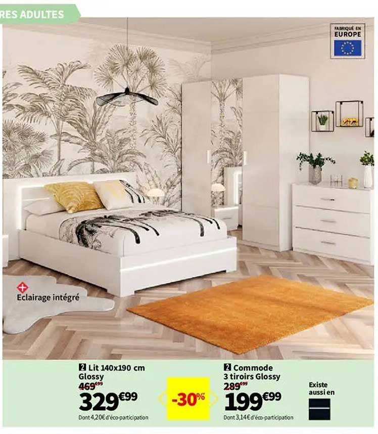Lit 140x190 cm Glossy, Commode 3 tiroirs Glossy