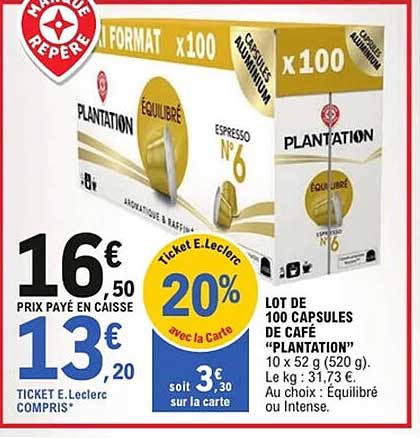 LOT DE 100 CAPSULES DE CAFÉ “PLANTATION”