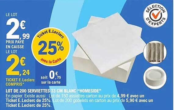 LOT DE 200 SERVIETTES 33 CM BLANC "HOMESIDE"