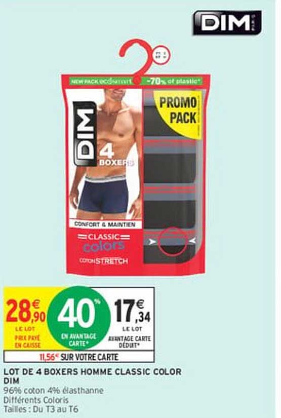 LOT DE 4 BOXERS HOMME CLASSIC COLOR DIM