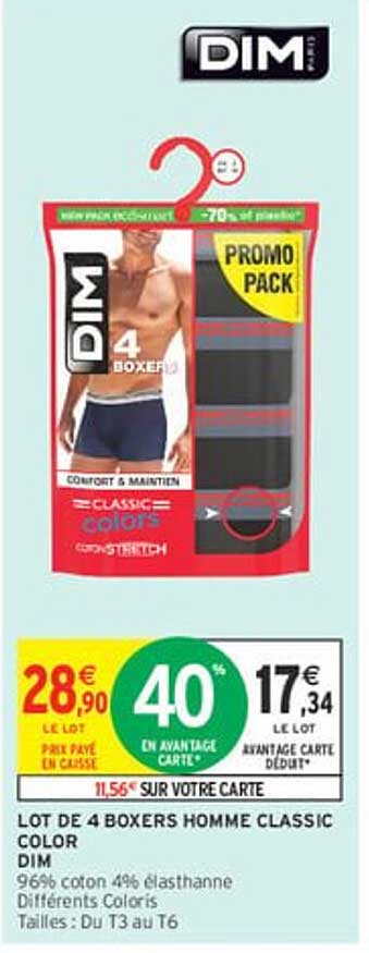 LOT DE 4 BOXERS HOMME CLASSIC COLOR DIM