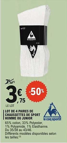 LOT DE 4 PAIRES DE CHAUSSETTES DE SPORT HOMME OU JUNIOR