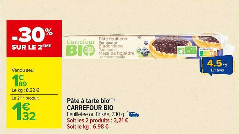 Pâte à tarte bio Carrefour BIO - Feuilletée ou Brisée, 230 g