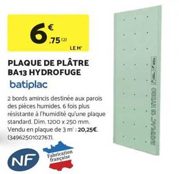 PLAQUE DE PLATRE BA13 HYDROFUGE