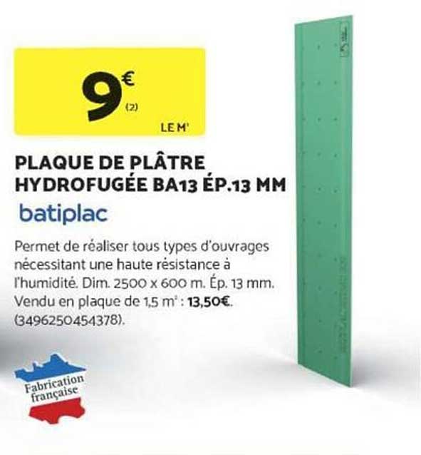 PLAQUE DE PLÂTRE HYDROFUGÉE BA13 ÉP.13 MM