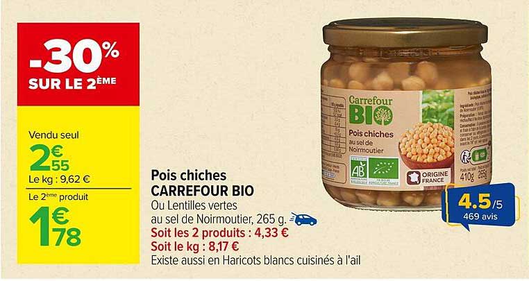 Pois chiches CARREFOUR BIO Ou Lentilles vertes au sel de Noirmoutier, 265 g.