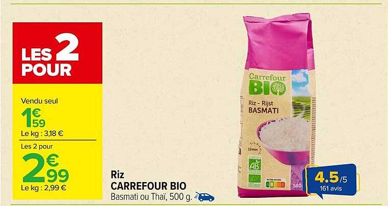 Riz CARREFOUR BIO Basmati ou Thaï, 500 g
