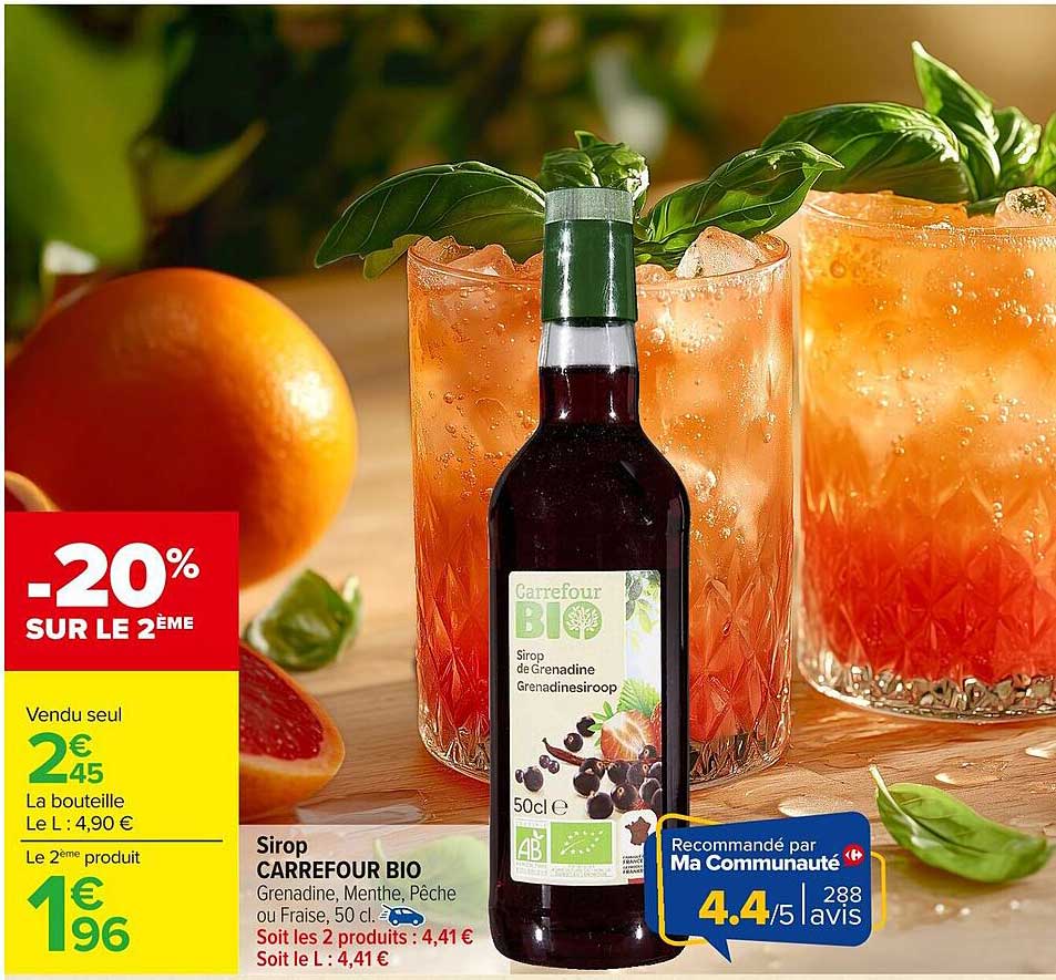 Sirop CARREFOUR BIO Grenadine, Menthe, Pêche ou Fraise, 50 cl