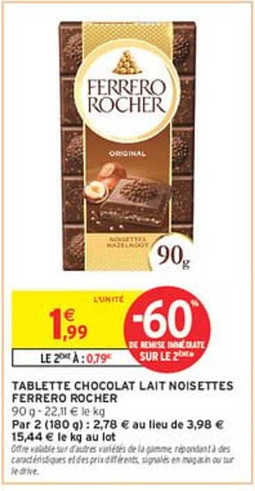 TABLETTE CHOCOLAT LAIT NOISETTES FERRERO ROCHER