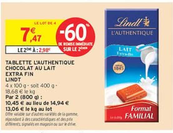TABLETTE L'AUTHENTIQUE CHOCOLAT AU LAIT EXTRA FIN LINDT